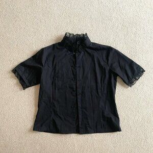 Black victorian high collar button down short sleeve shirt M